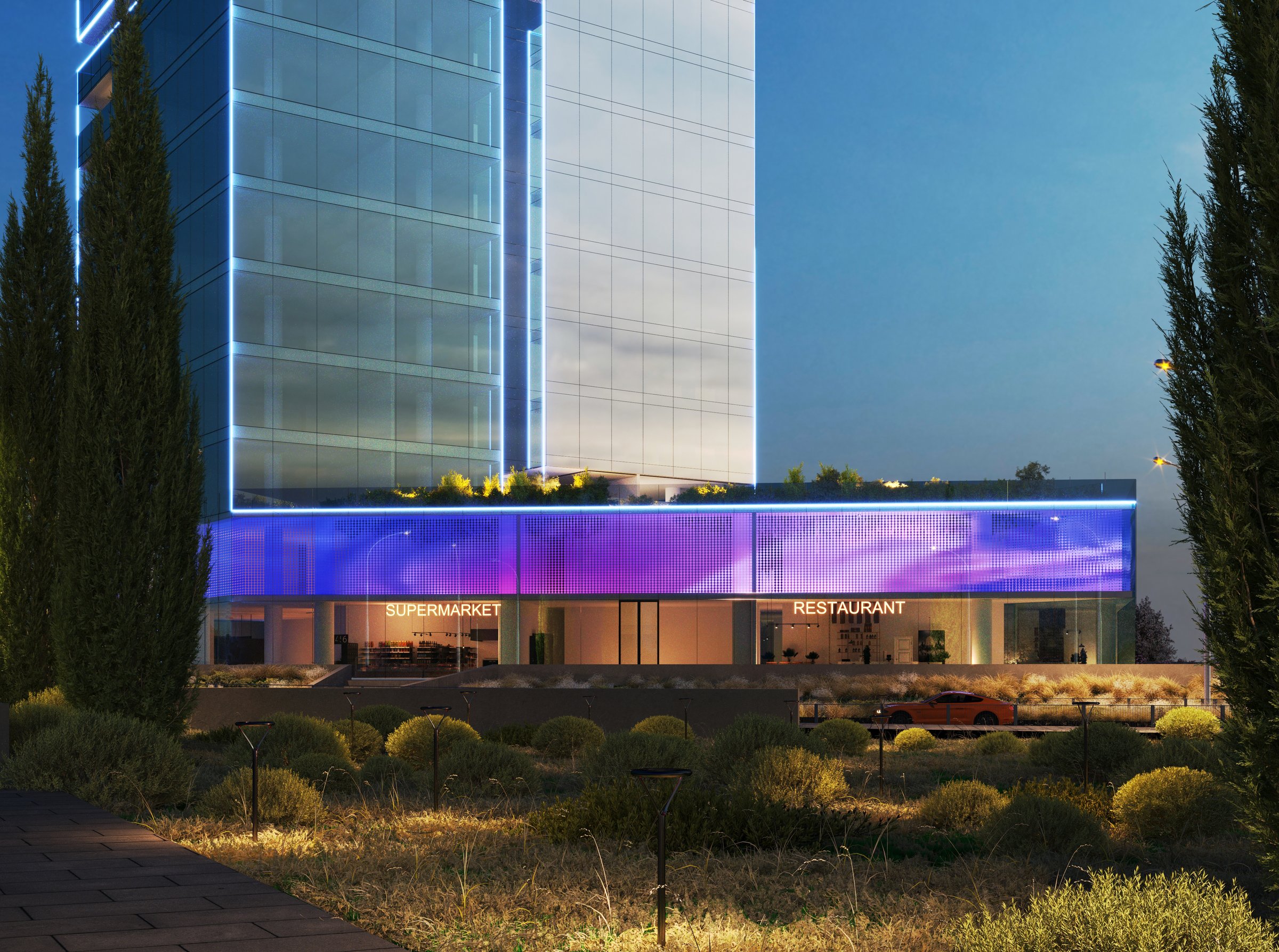 Platinum Tower — podium and retail at night