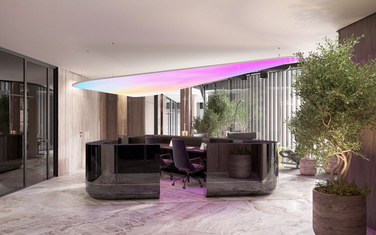How can office space design elevate brand credibility and status?